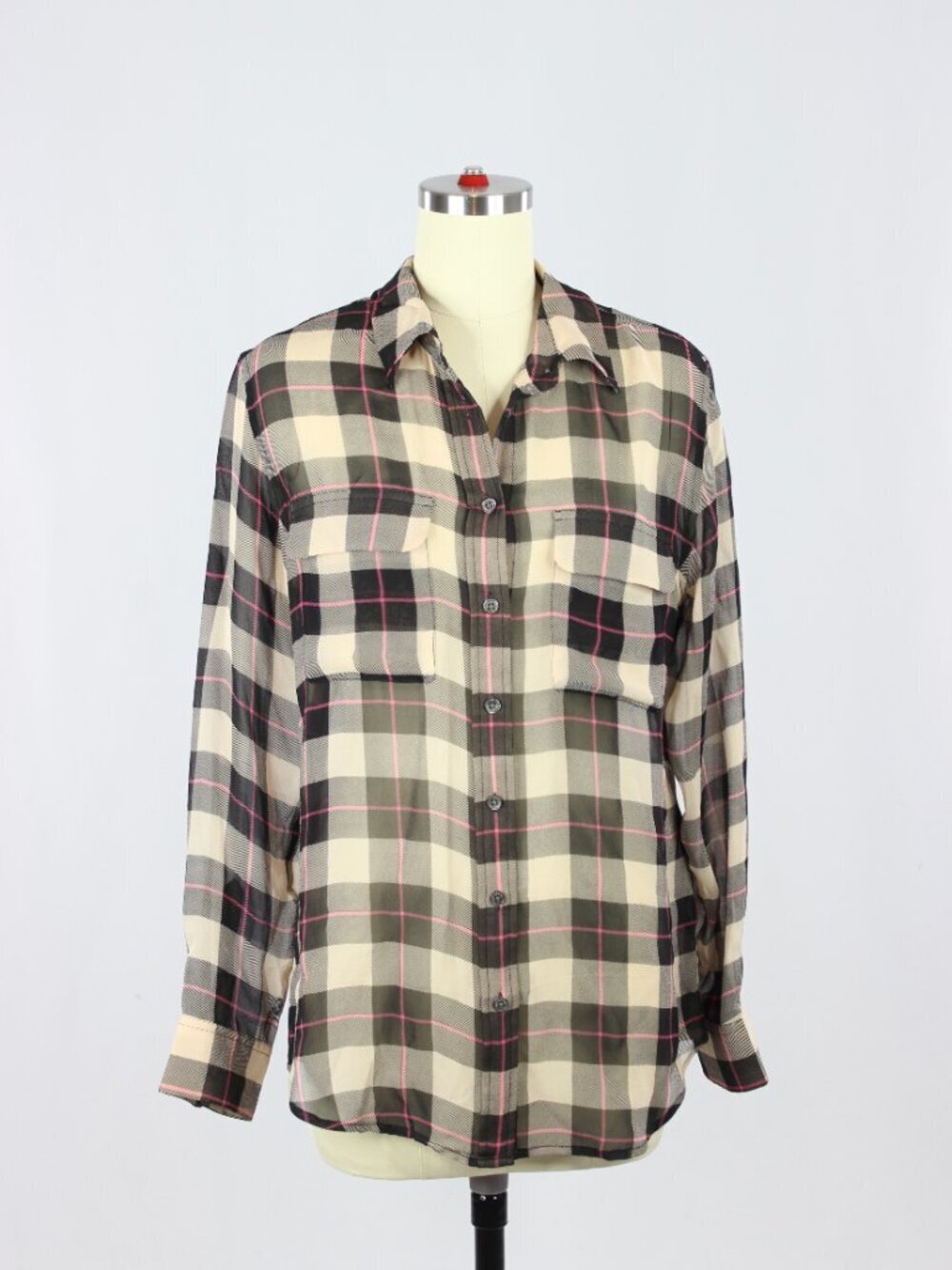 EQUIPMENT Slim Signature Plaid Check 100% Silk Chiffon Button Up Shirt, Size S